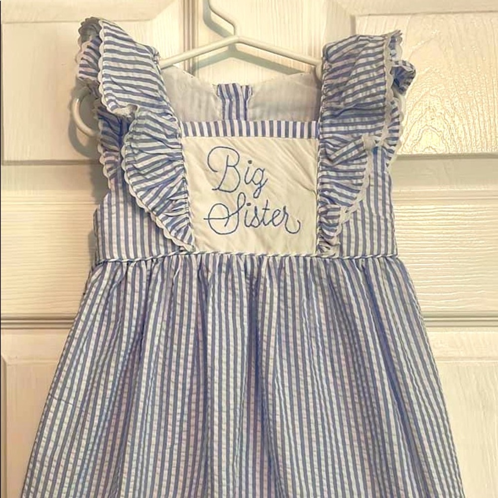 Size 3t Big Sister blue and white striped linen dress